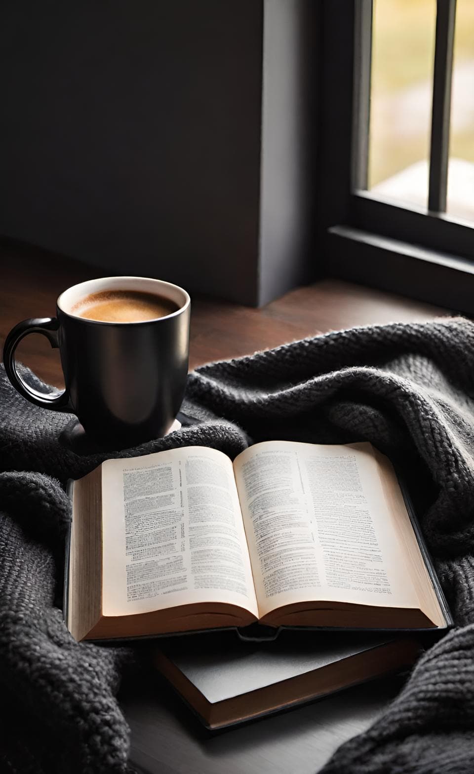 Black coffee cup with books and a cozy blanket