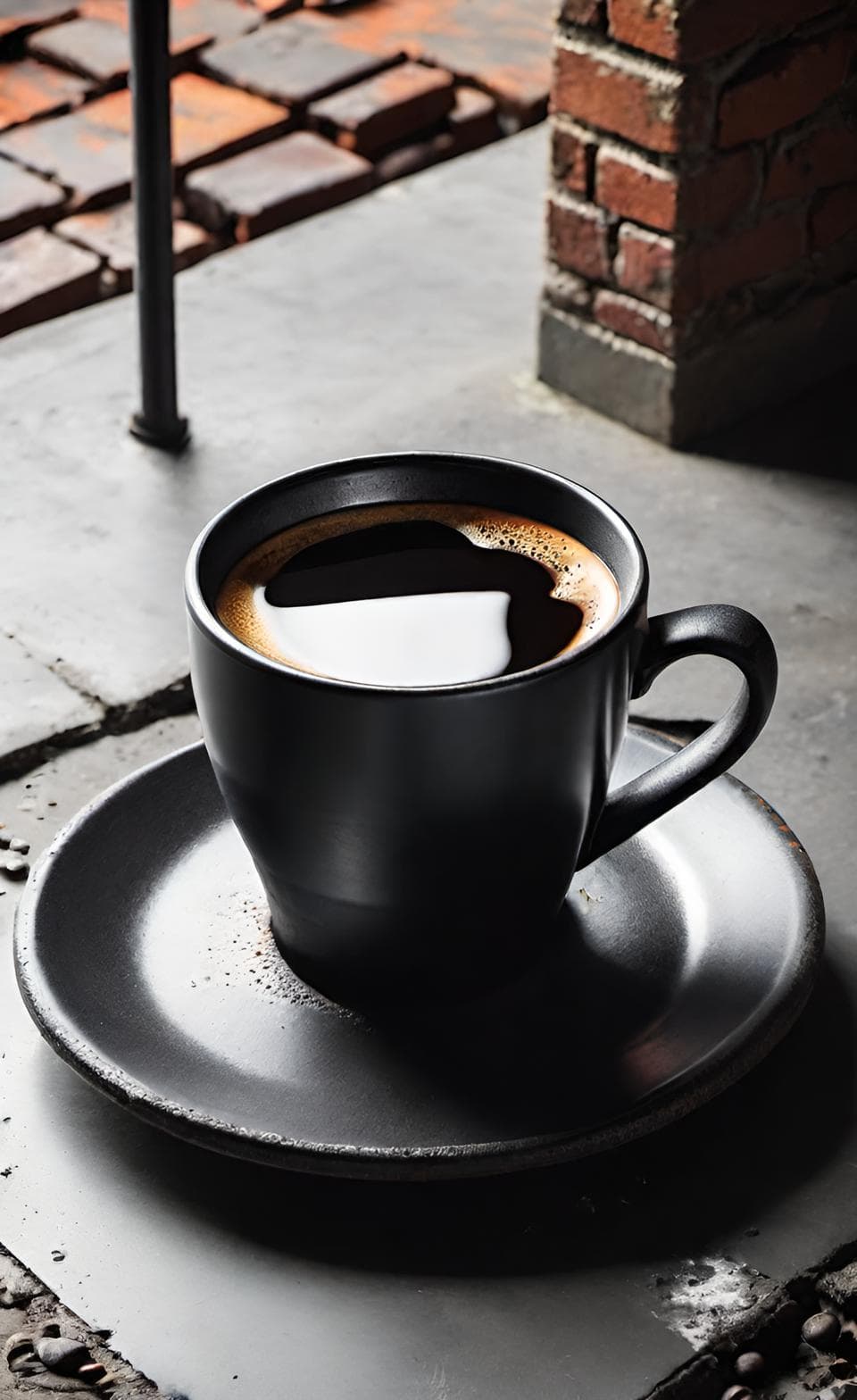 Black coffee cup in an industrial loft setting