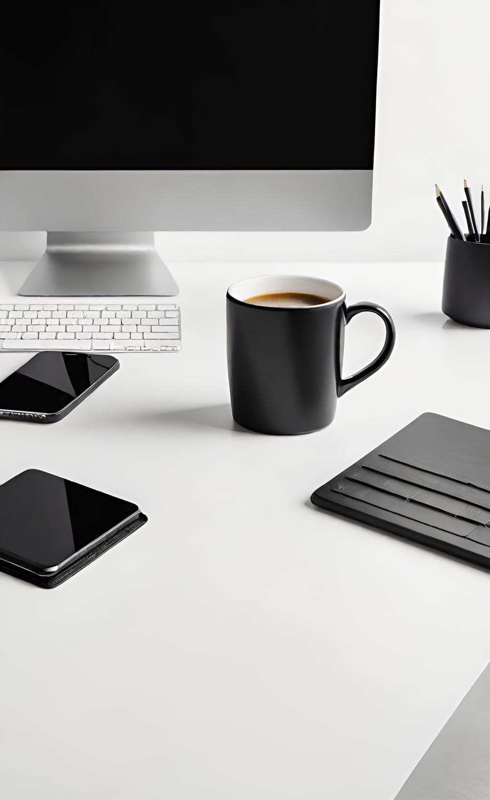Black coffee cup on a clean white desk