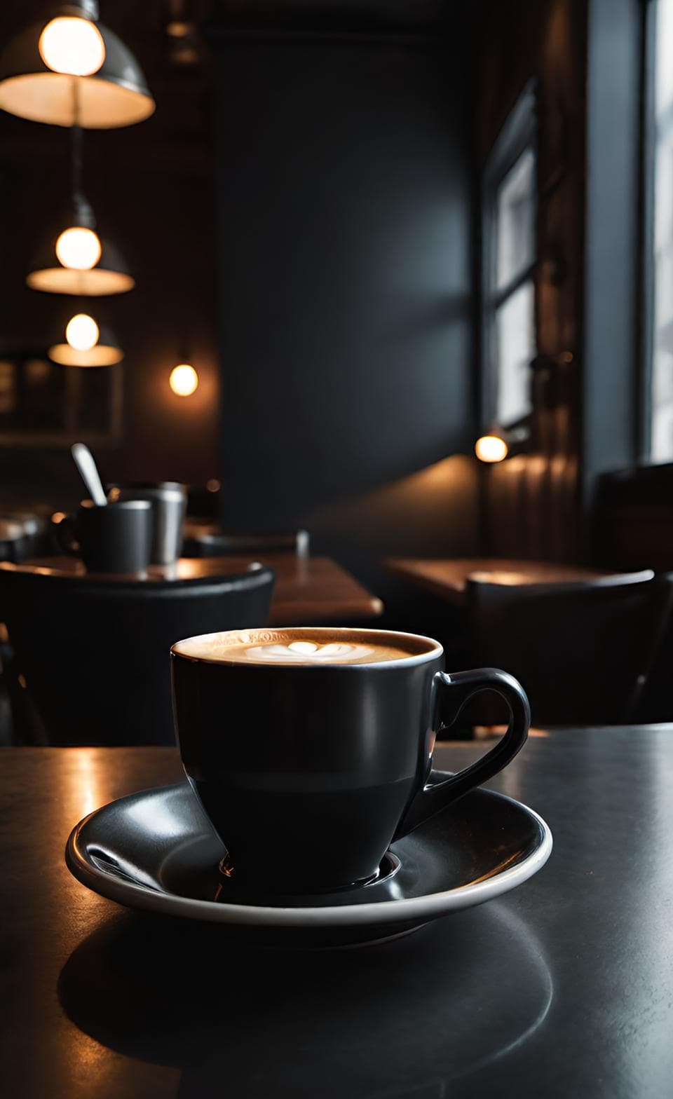 Black coffee cup in a moody café setting