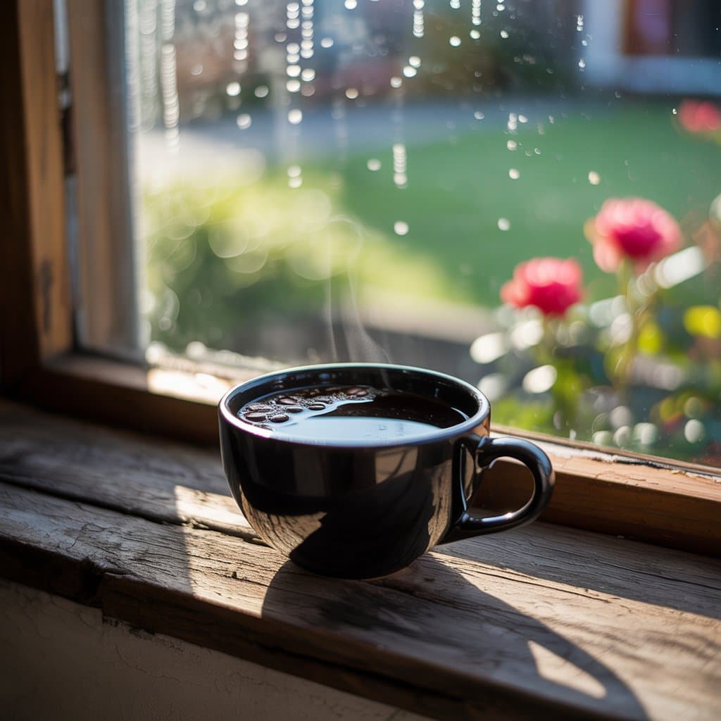 Black coffee cup on a windowsill