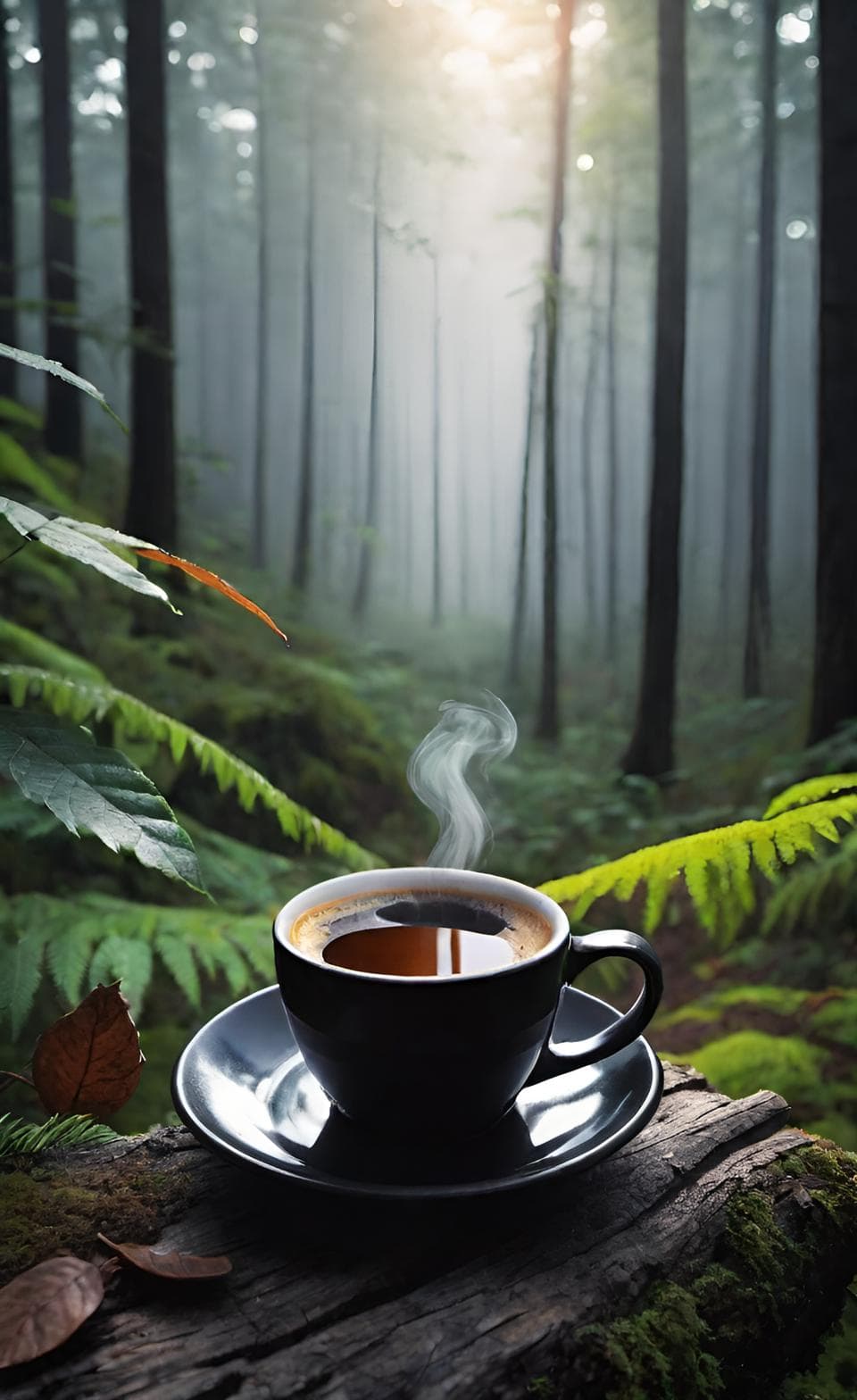 Black coffee cup outdoors surrounded by nature