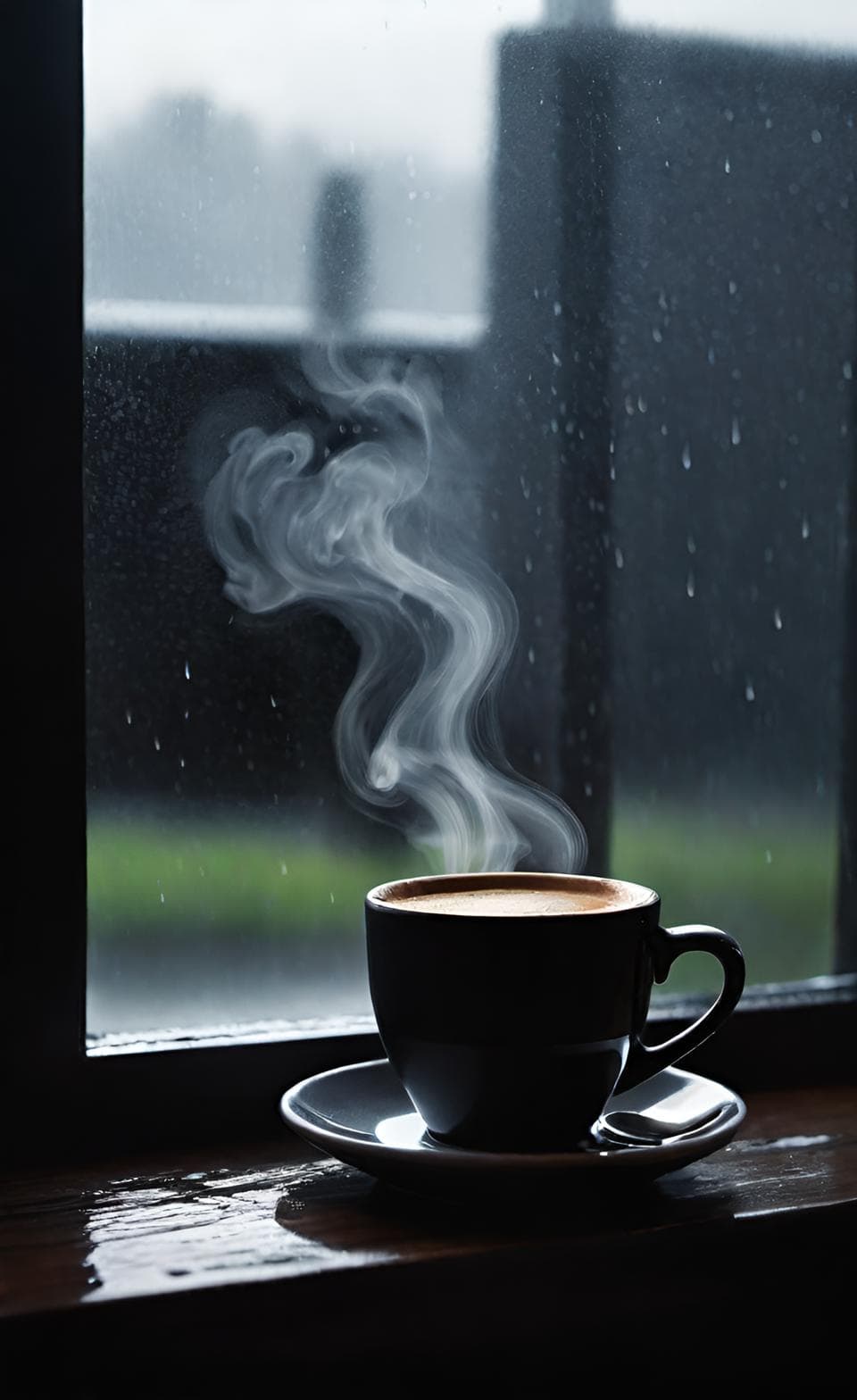 Black coffee cup next to a rainy window