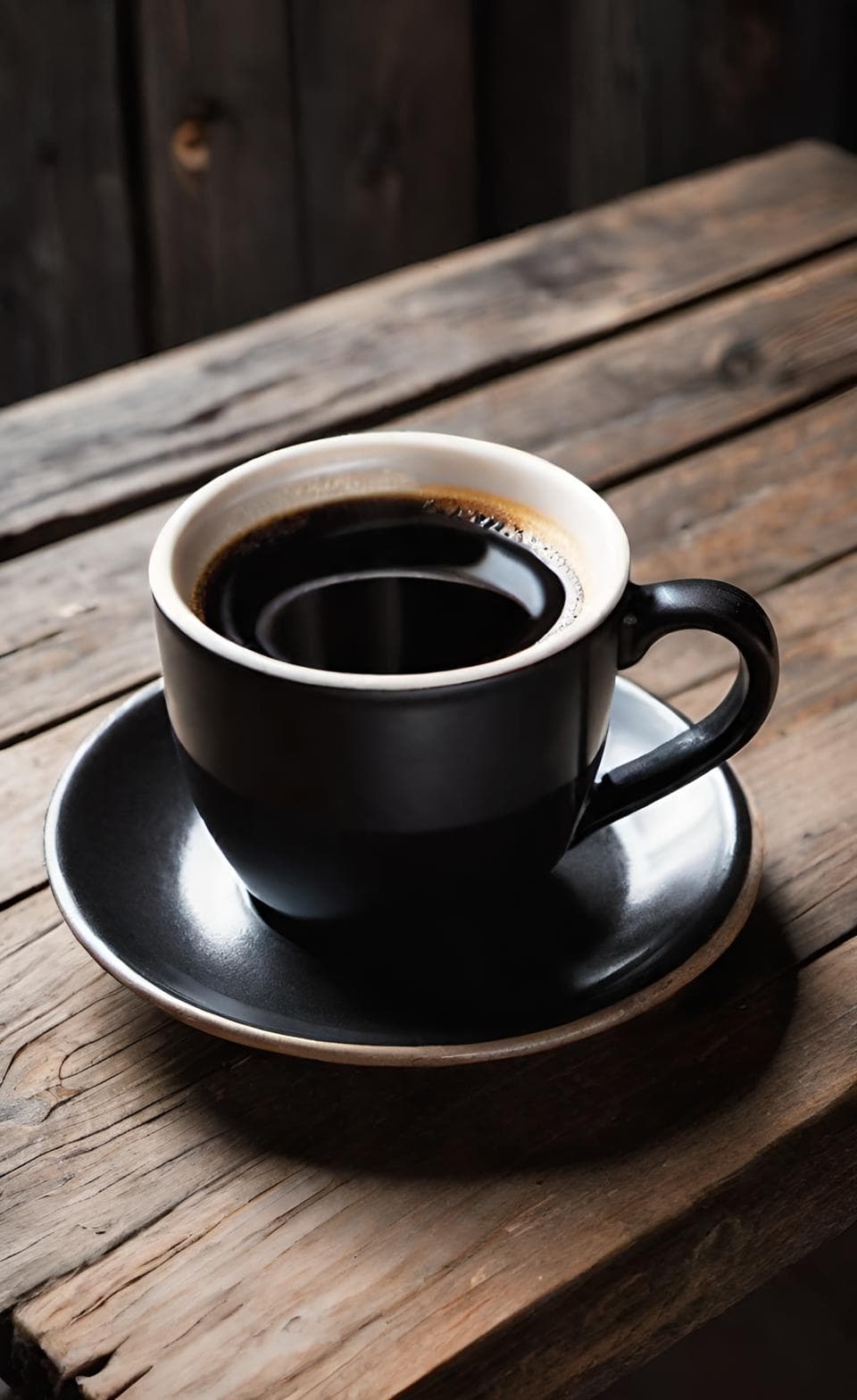 Black coffee cup on rustic wooden table