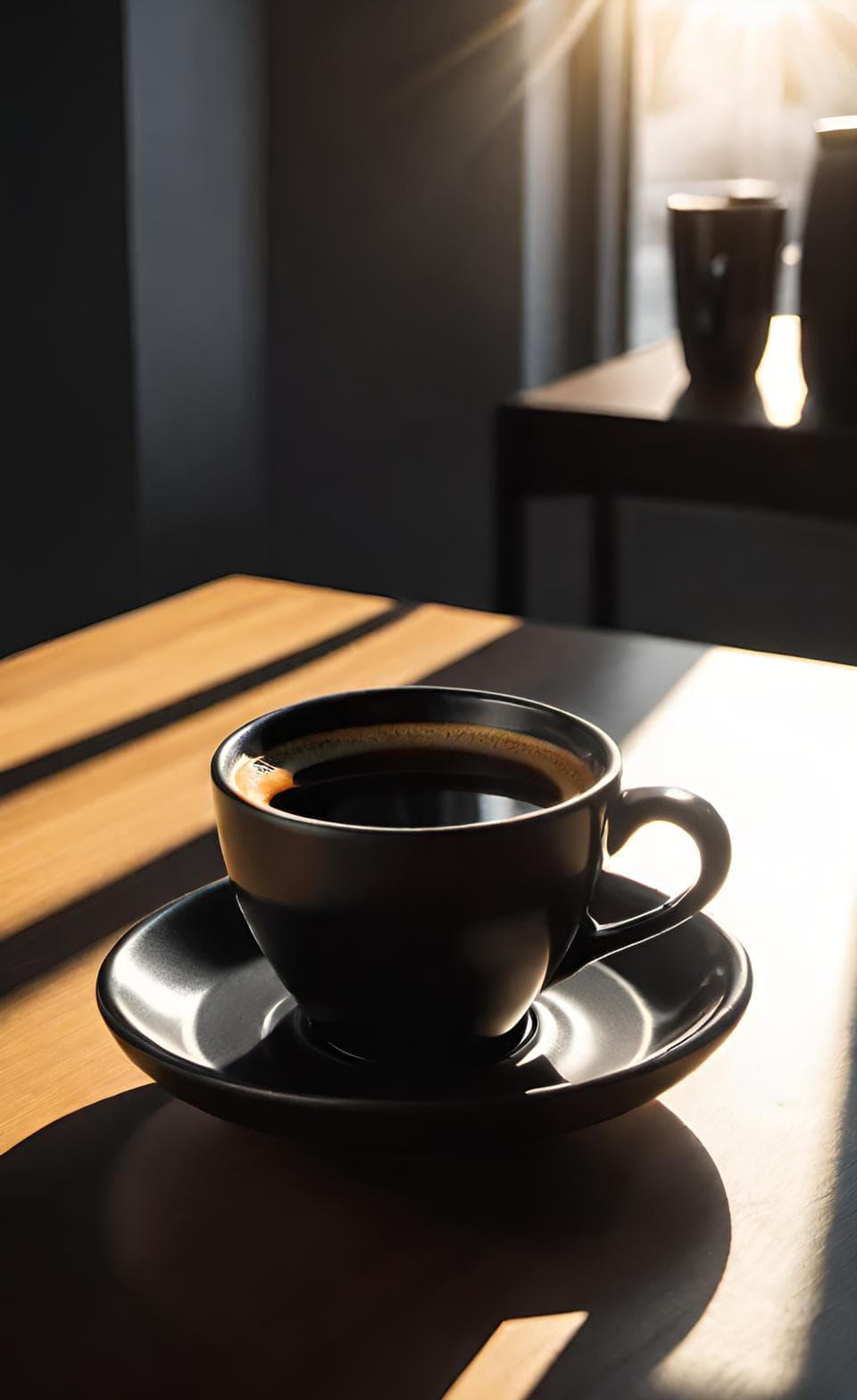 Black coffee cup with strong shadows and sunlight