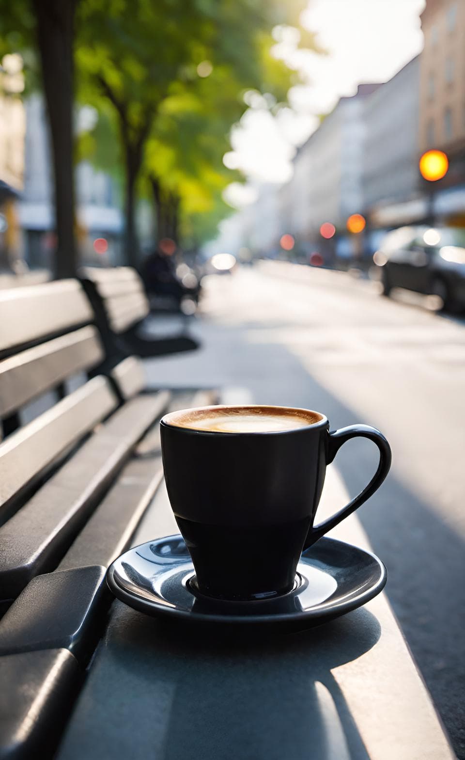 Black coffee cup on a busy street bench