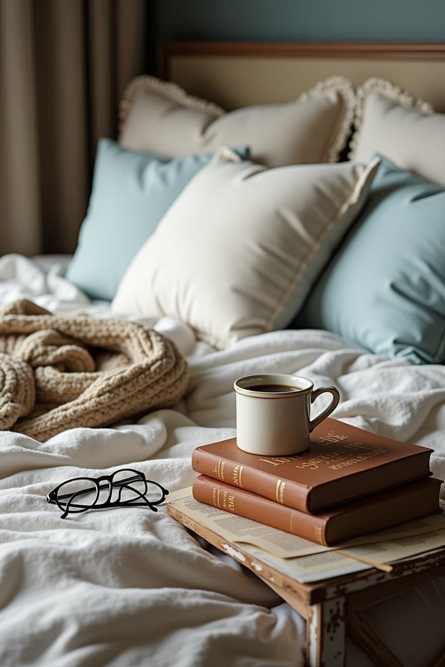 Cozy Bed & Book Stack aesthetic