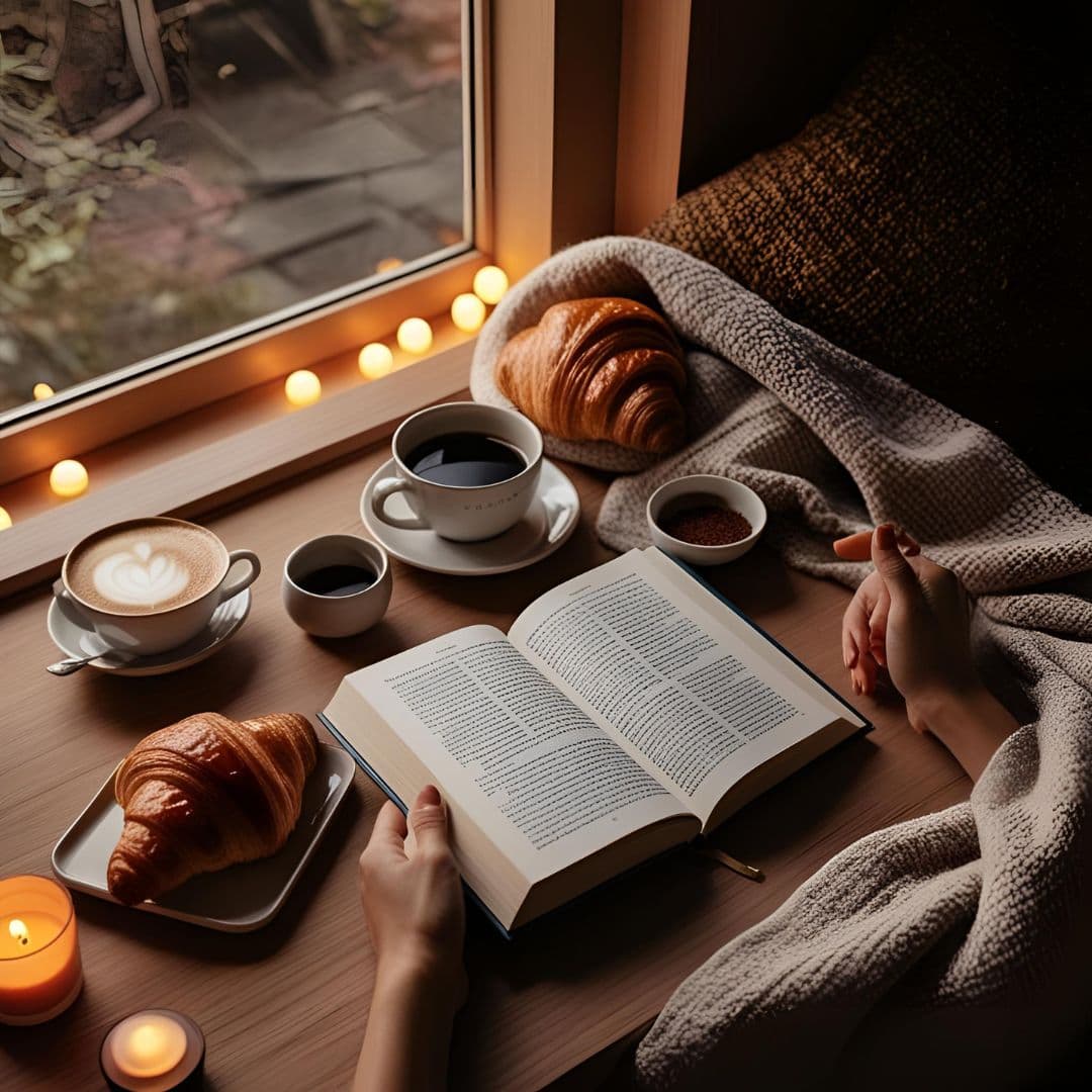 Coffee and croissant with an open book and cozy blanket