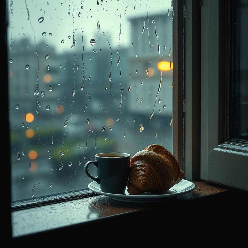 Coffee and croissant on a window ledge with rain outside