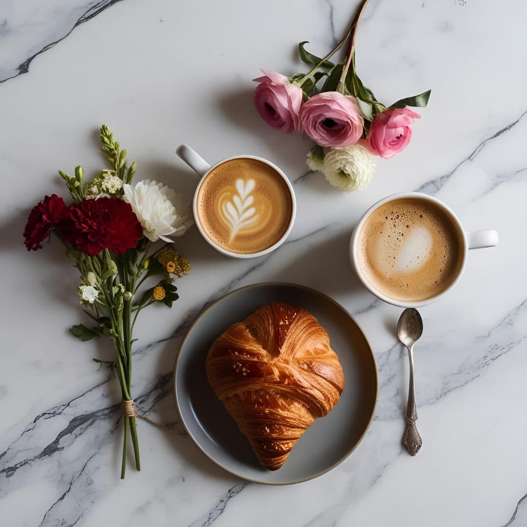 Flatlay of coffee, croissant, flowers, and accessories