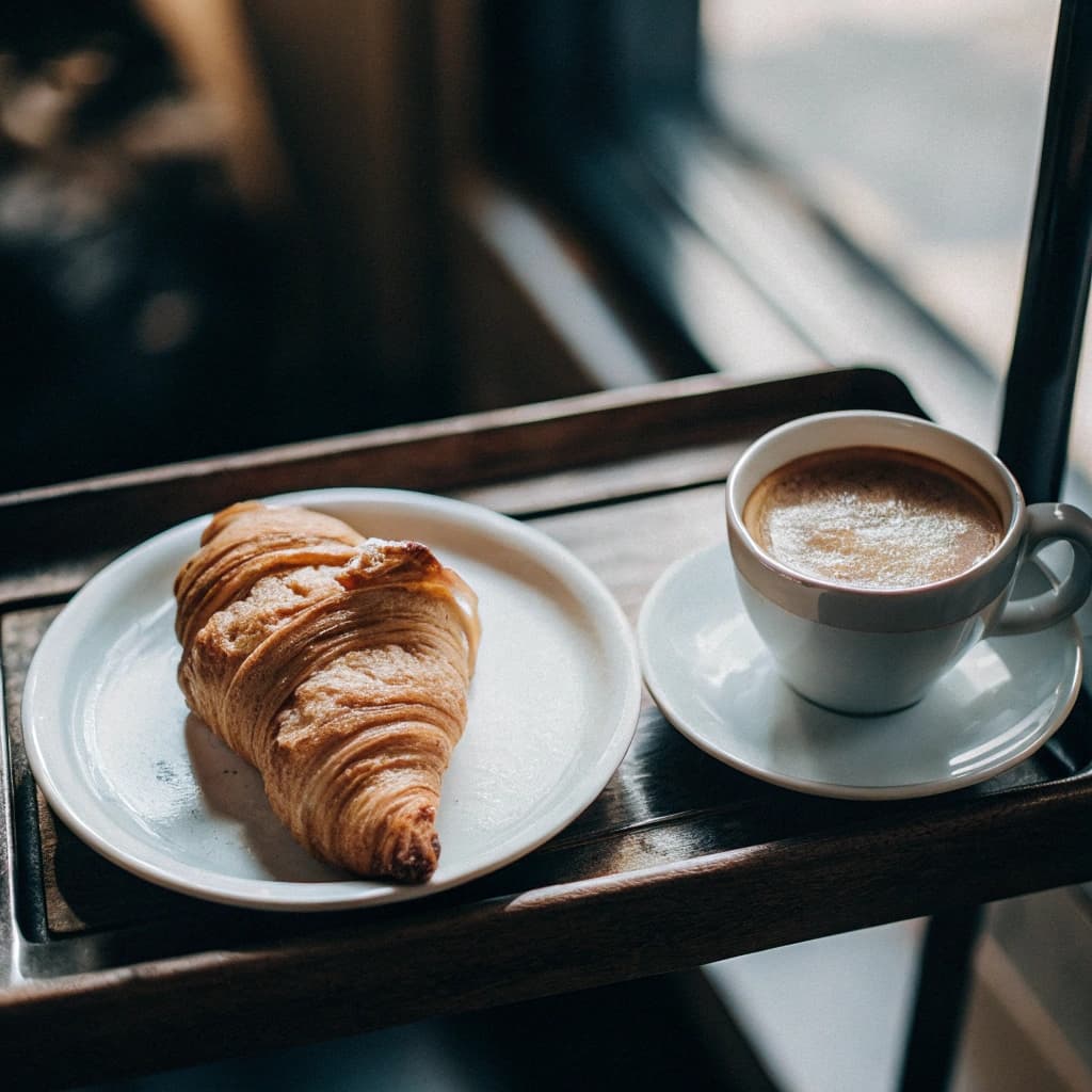 Coffee and croissant on a white plate with minimalist surroundings
