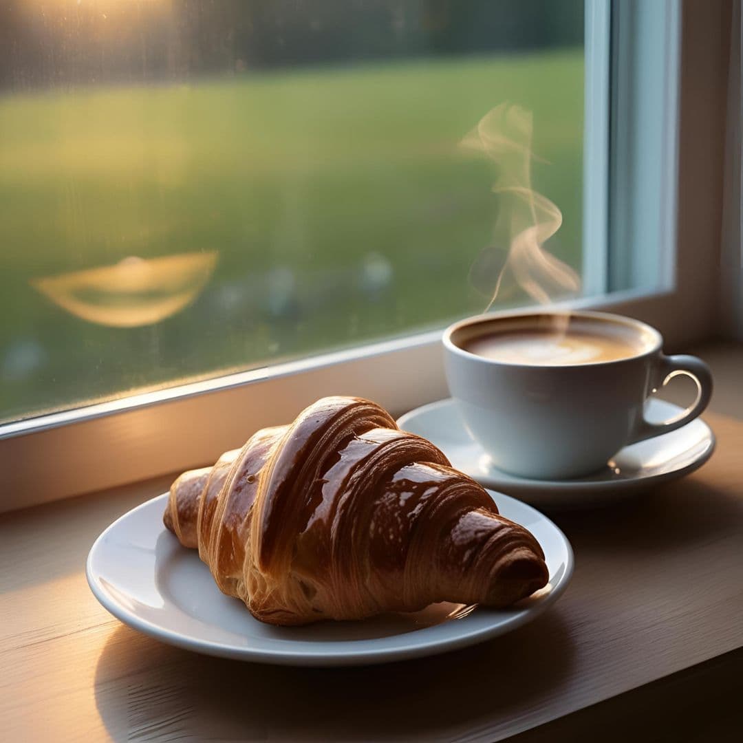 Coffee and croissant by a sunlit window