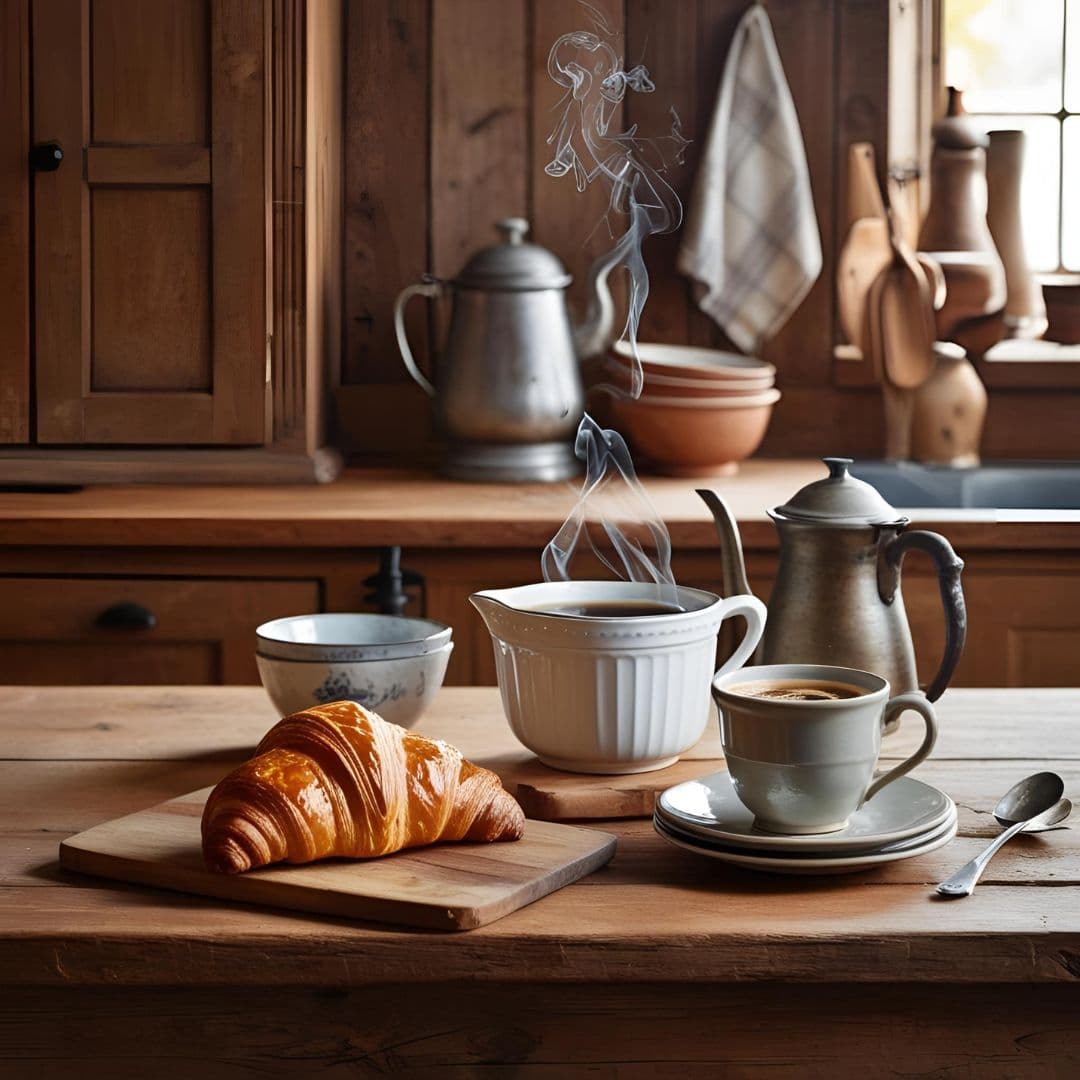 Coffee and croissant on a rustic wooden kitchen counter