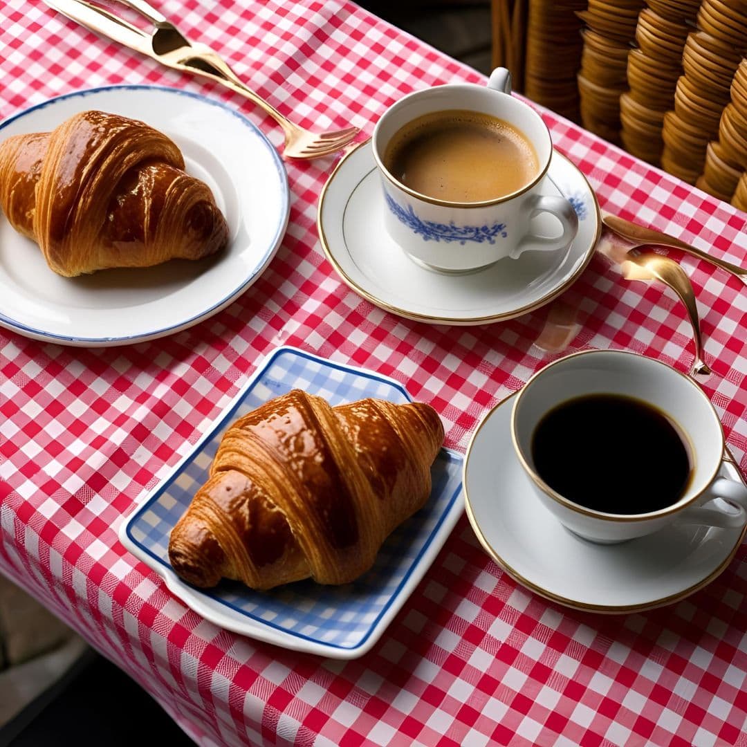 Coffee and croissant on a classic checkered bistro table