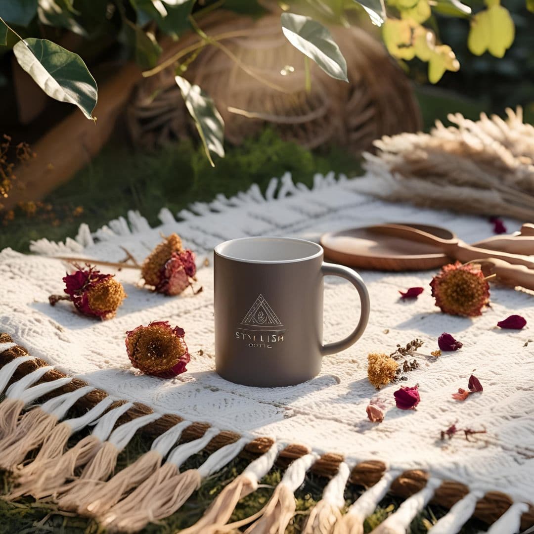 Coffee in a cup placed on a boho picnic blanket