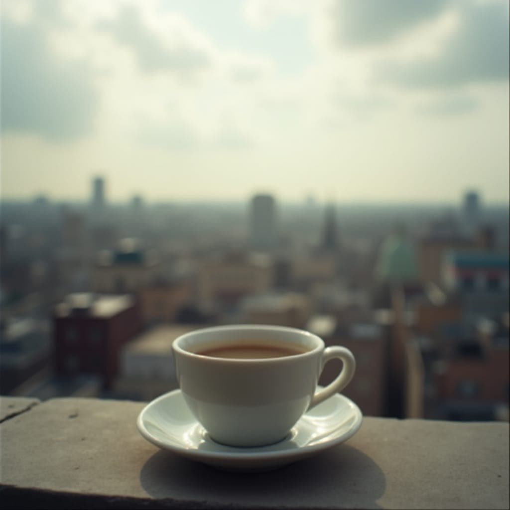 Coffee on a rooftop with cloudy skies in the background