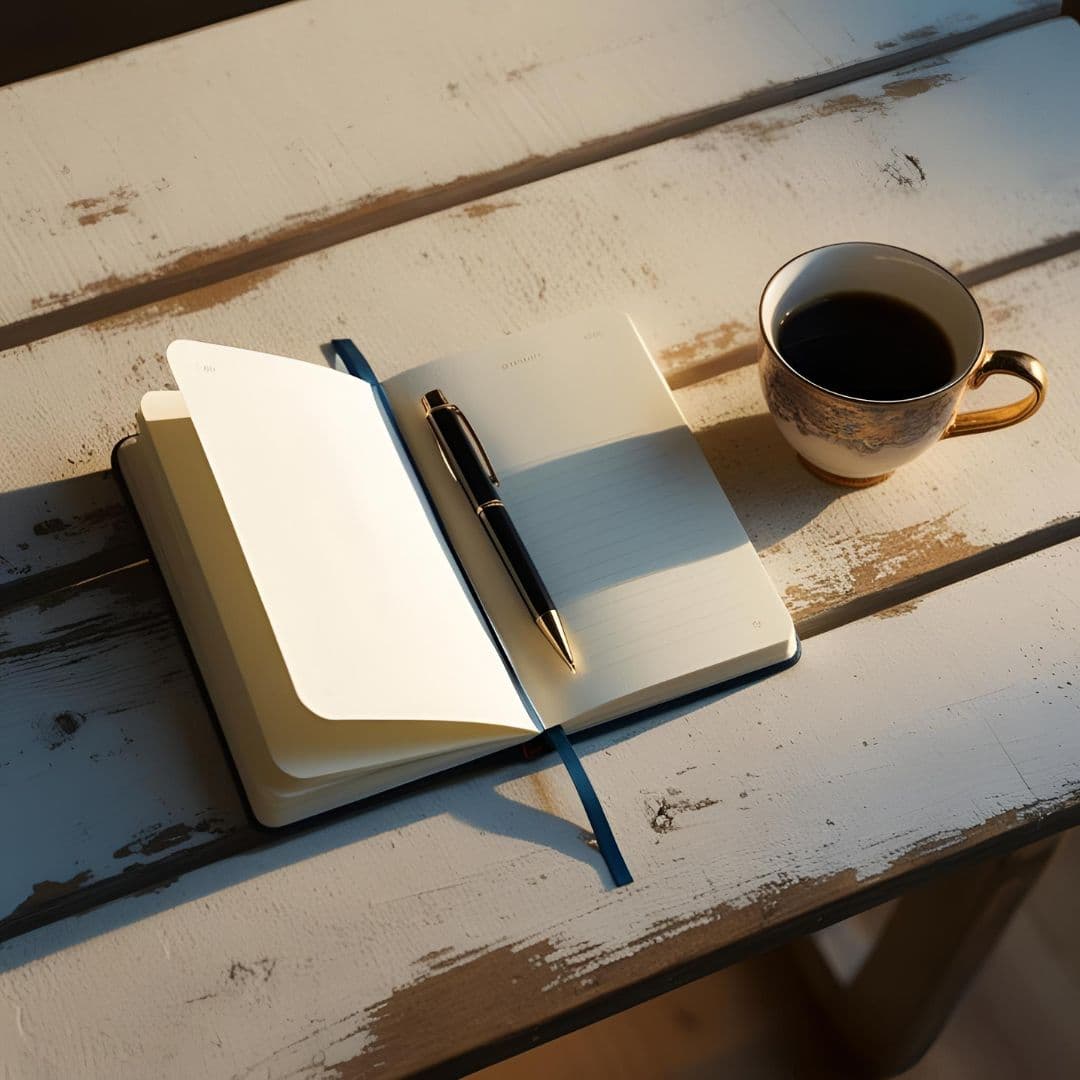 Flatlay of a journal, pen, and coffee cup