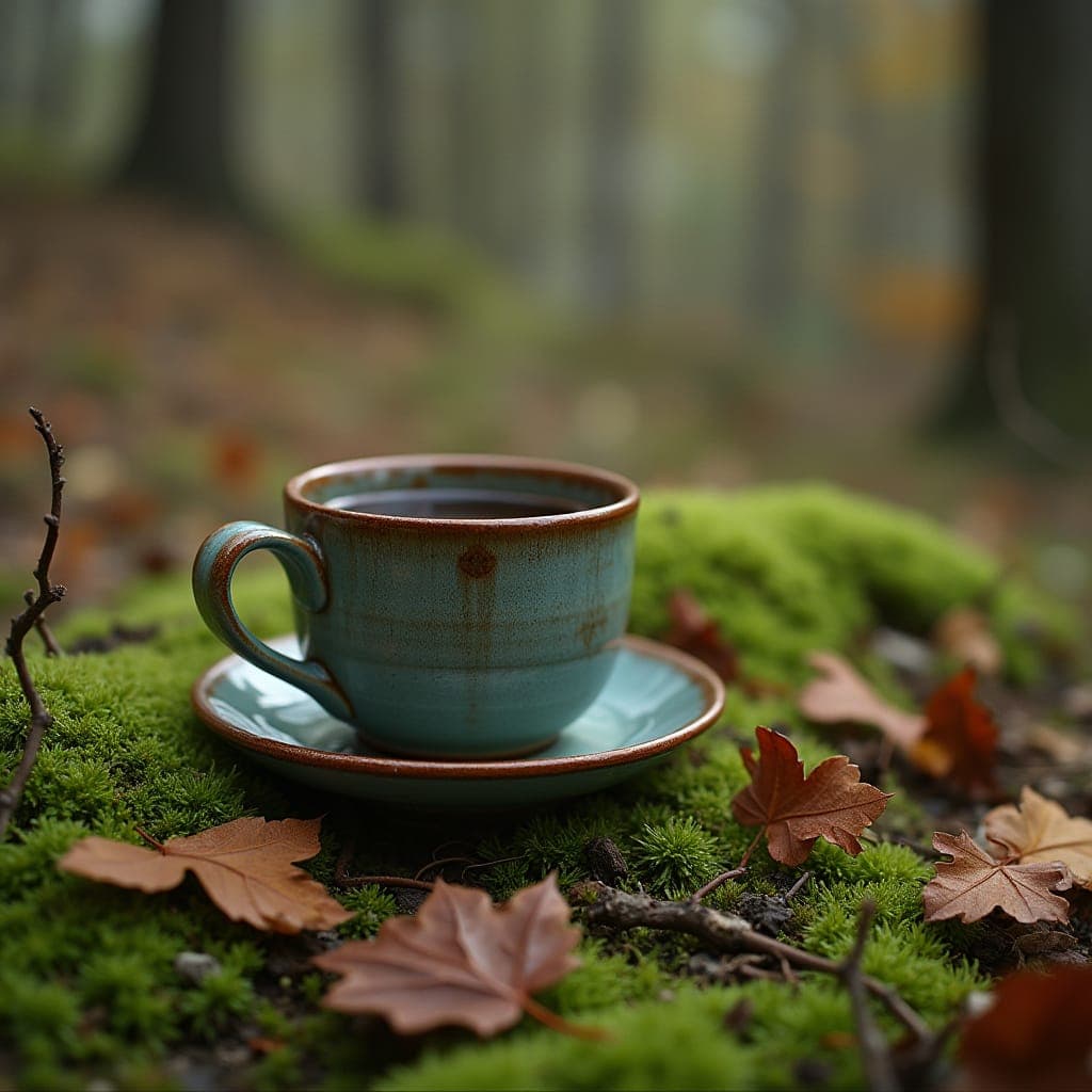 Coffee cup resting on moss and leaves in the woods