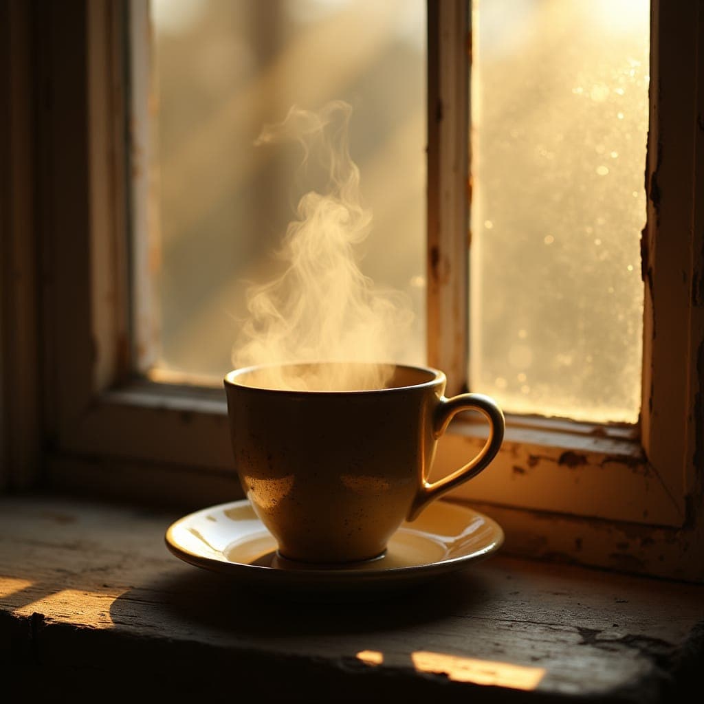 Coffee cup with steam in golden morning sunlight