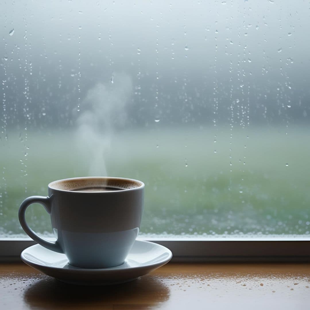 Coffee cup near a foggy window on a rainy day