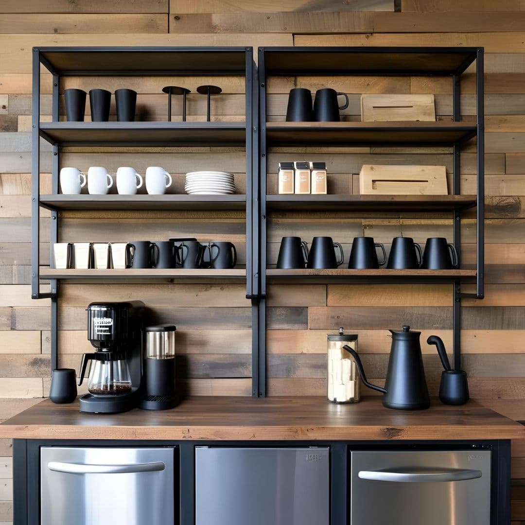 Industrial metal and wood coffee bar