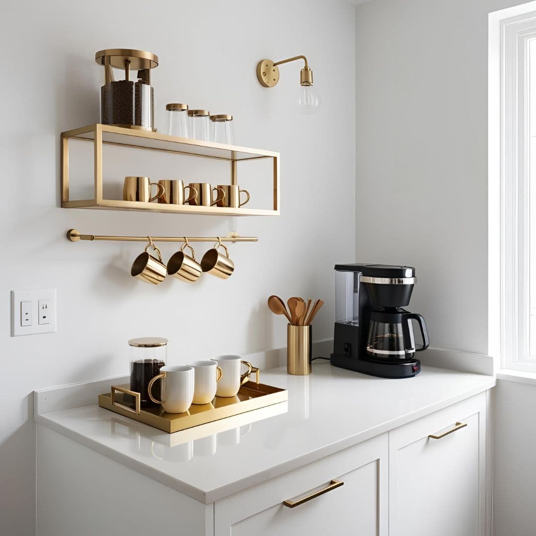 Minimalist white and gold coffee bar