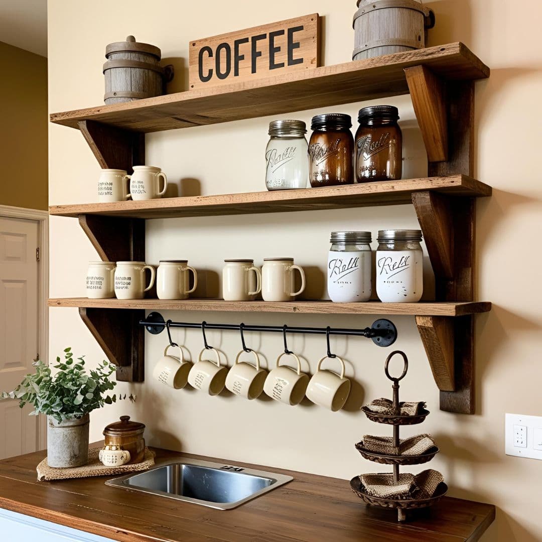 Rustic wooden coffee bar shelving