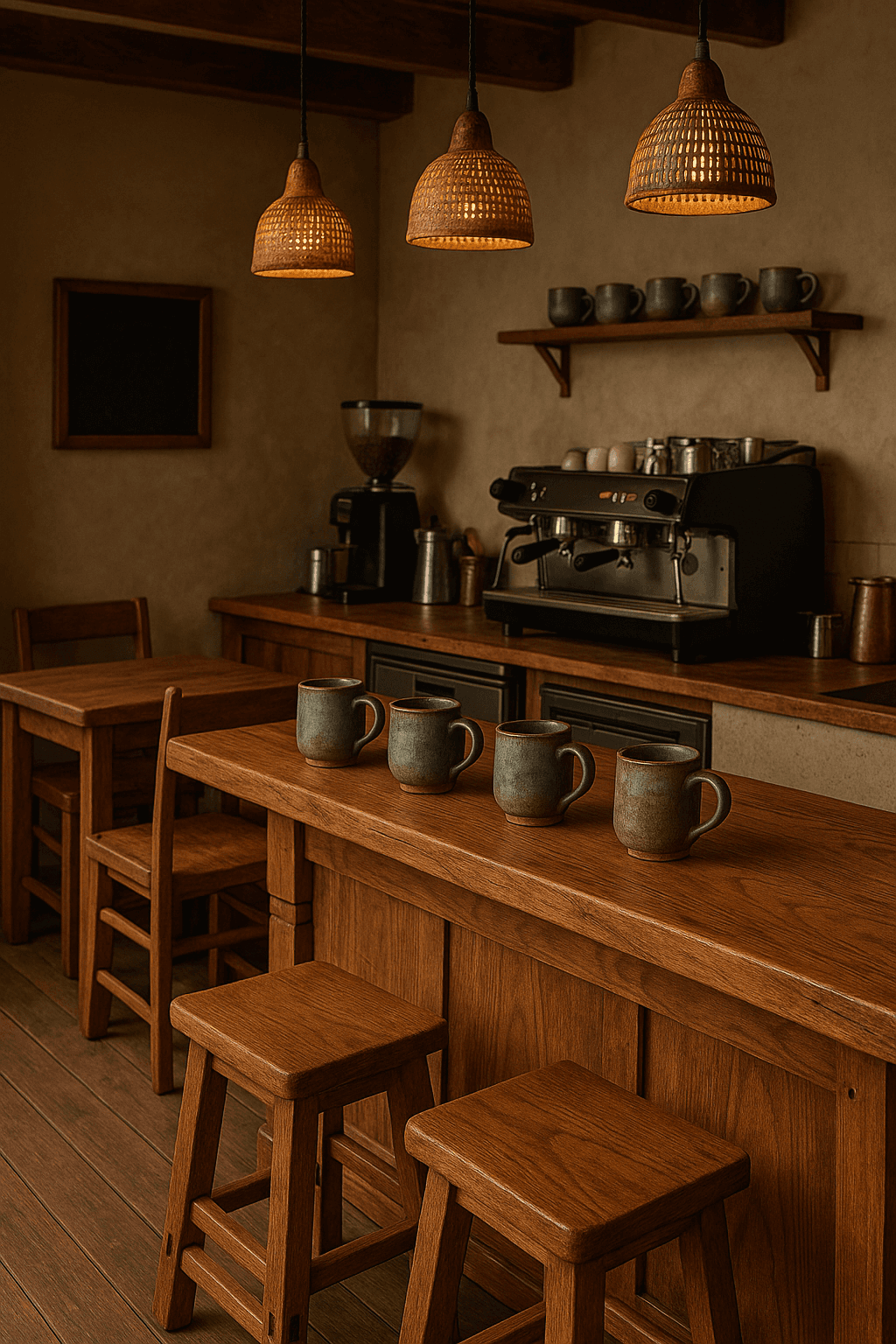 Coffee shop featuring handcrafted furniture, custom woodwork, and artisanal details