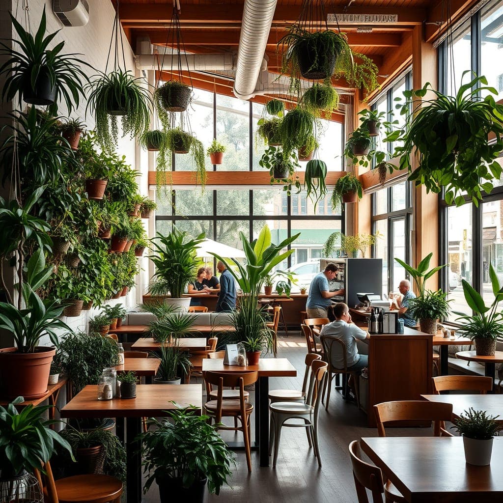 Coffee shop with abundant indoor plants, natural light, and wooden furniture