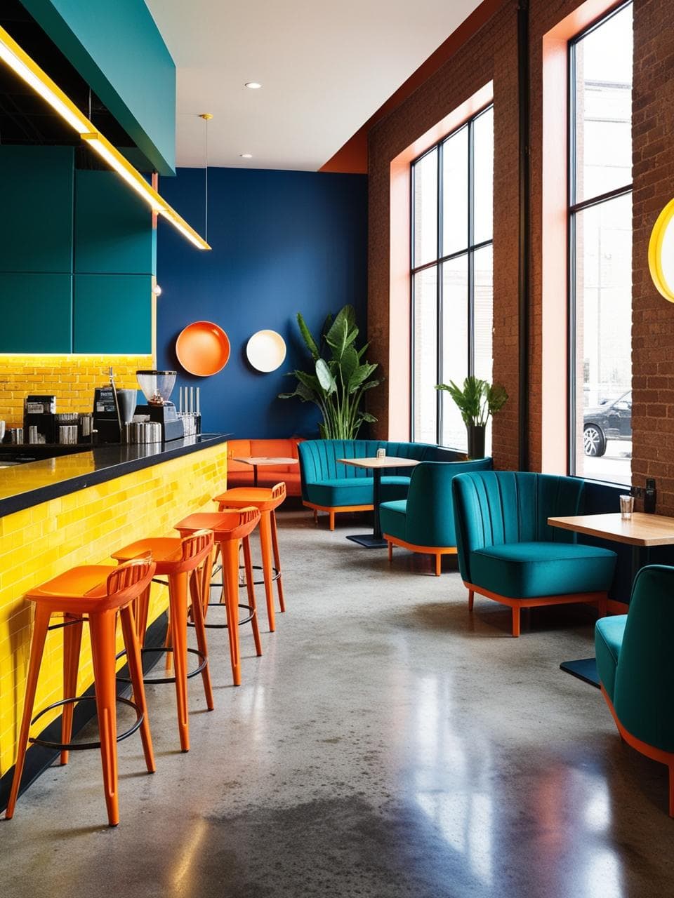 Coffee shop with strategic use of bold colors in furniture, walls, and decor elements