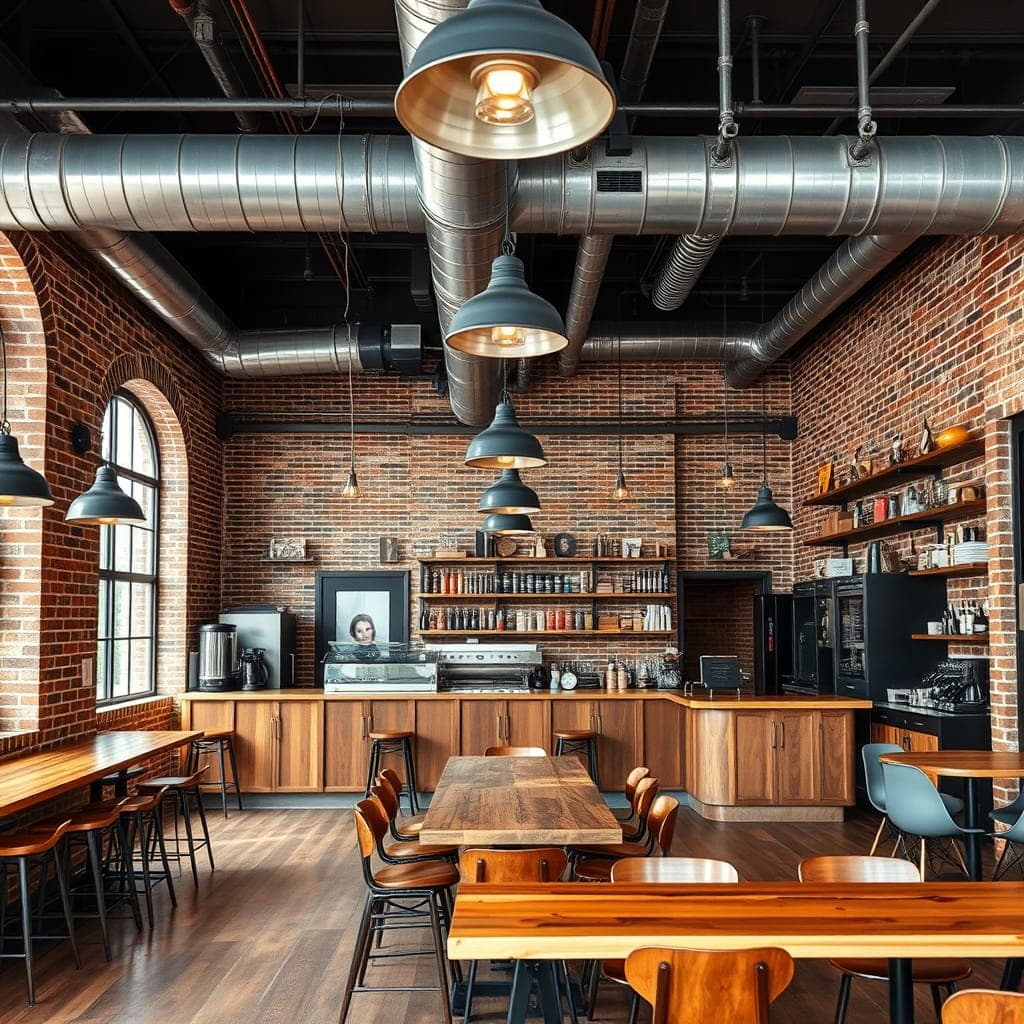Industrial-rustic coffee shop interior with exposed brick walls, wooden beams, and metal fixtures