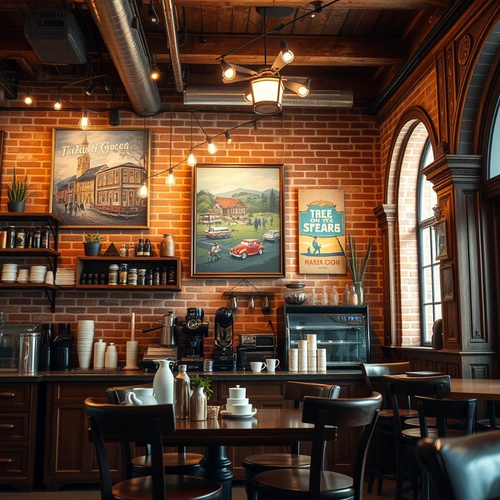 Coffee shop with local artwork, cultural elements, and neighborhood-inspired decor