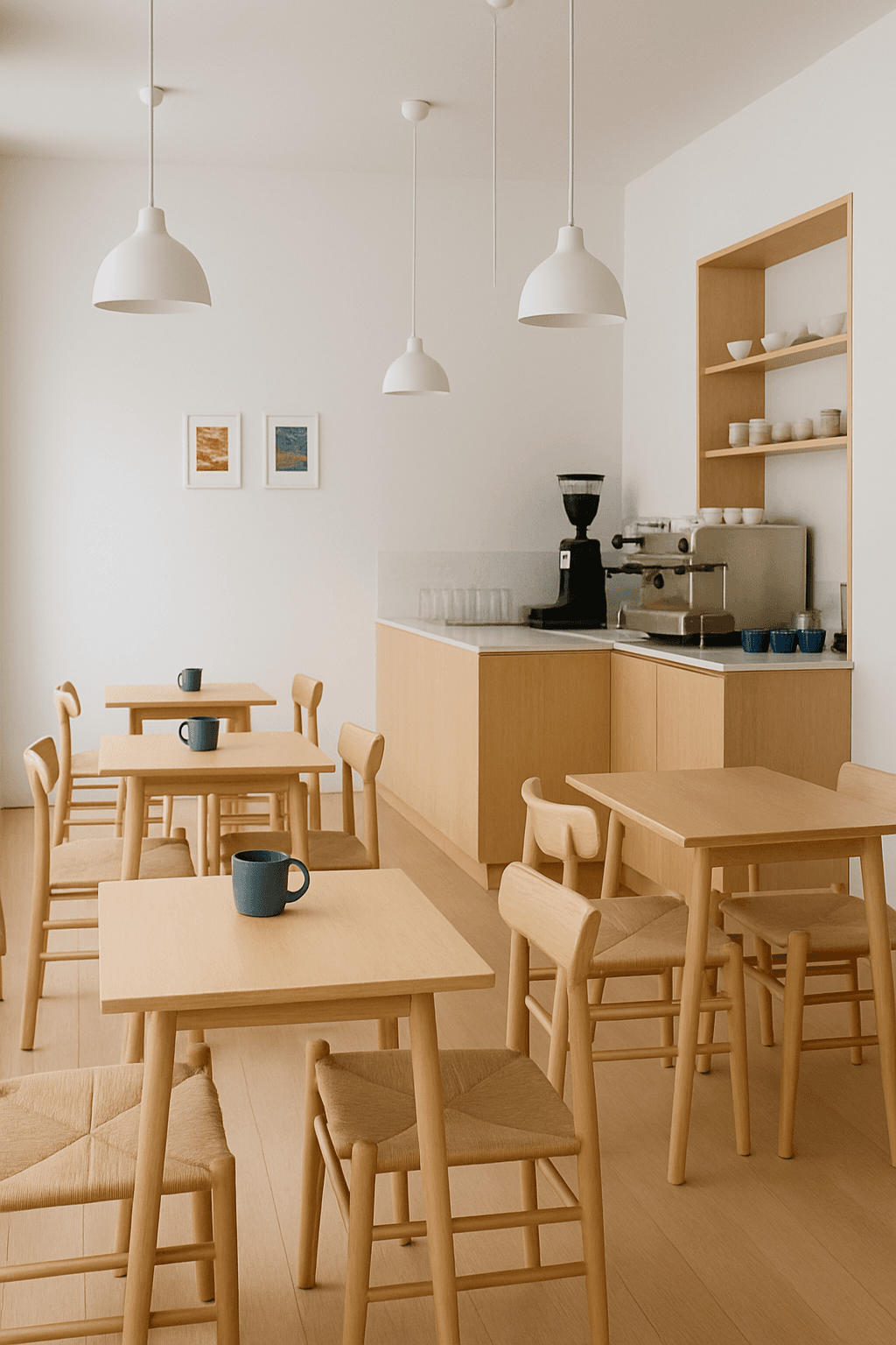 Clean, minimalist coffee shop with light wood, white walls, and simple furniture