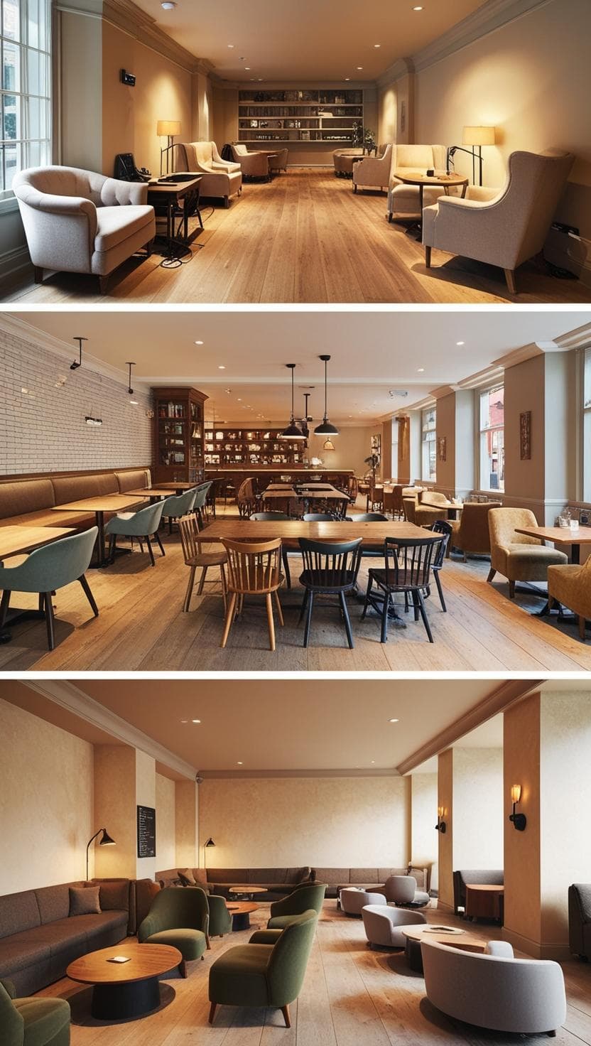 Coffee shop with distinct zones including quiet work areas, social seating, and casual lounge spaces