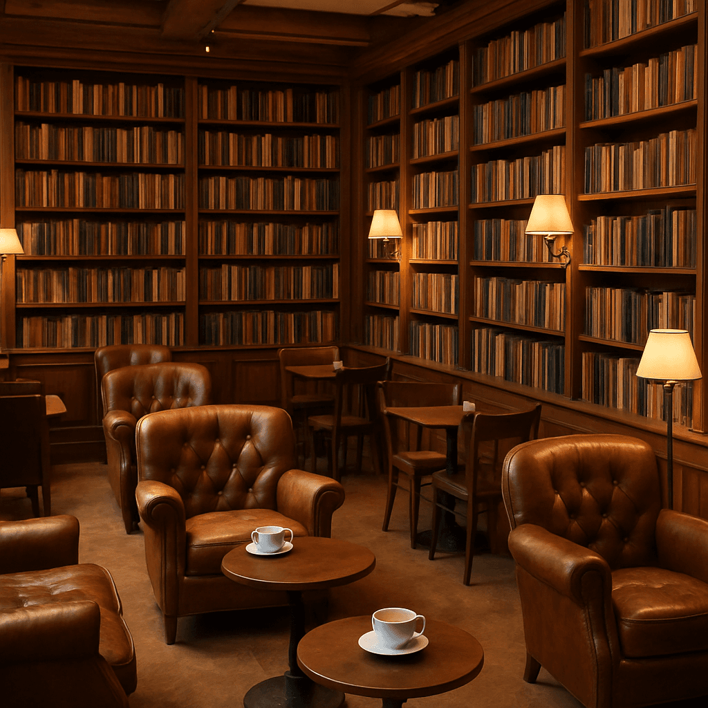 Coffee shop designed like a cozy library with bookshelves, reading nooks, and vintage furniture