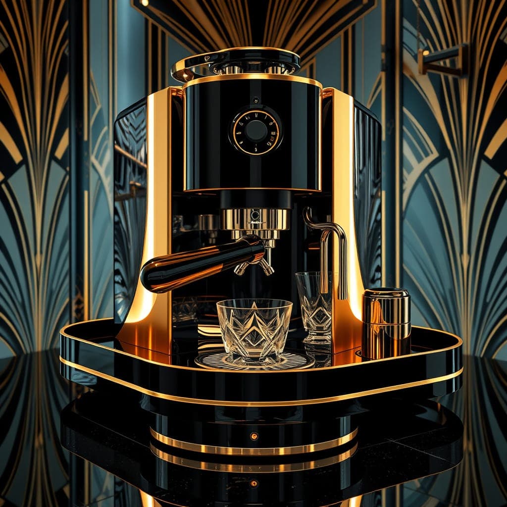 Geometric art deco espresso machine with bold lines and luxurious finishes