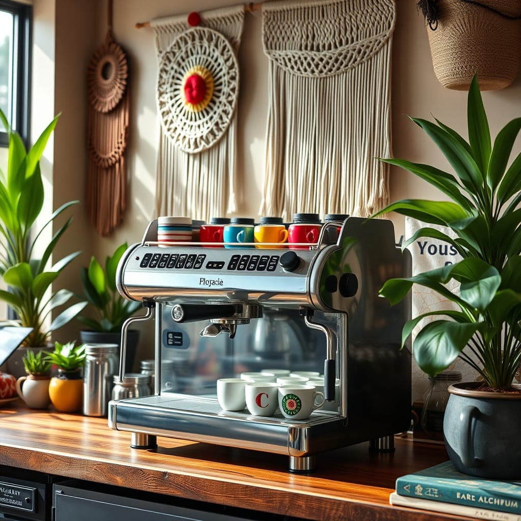 Eclectic espresso setup with colorful accessories, plants, and textured elements