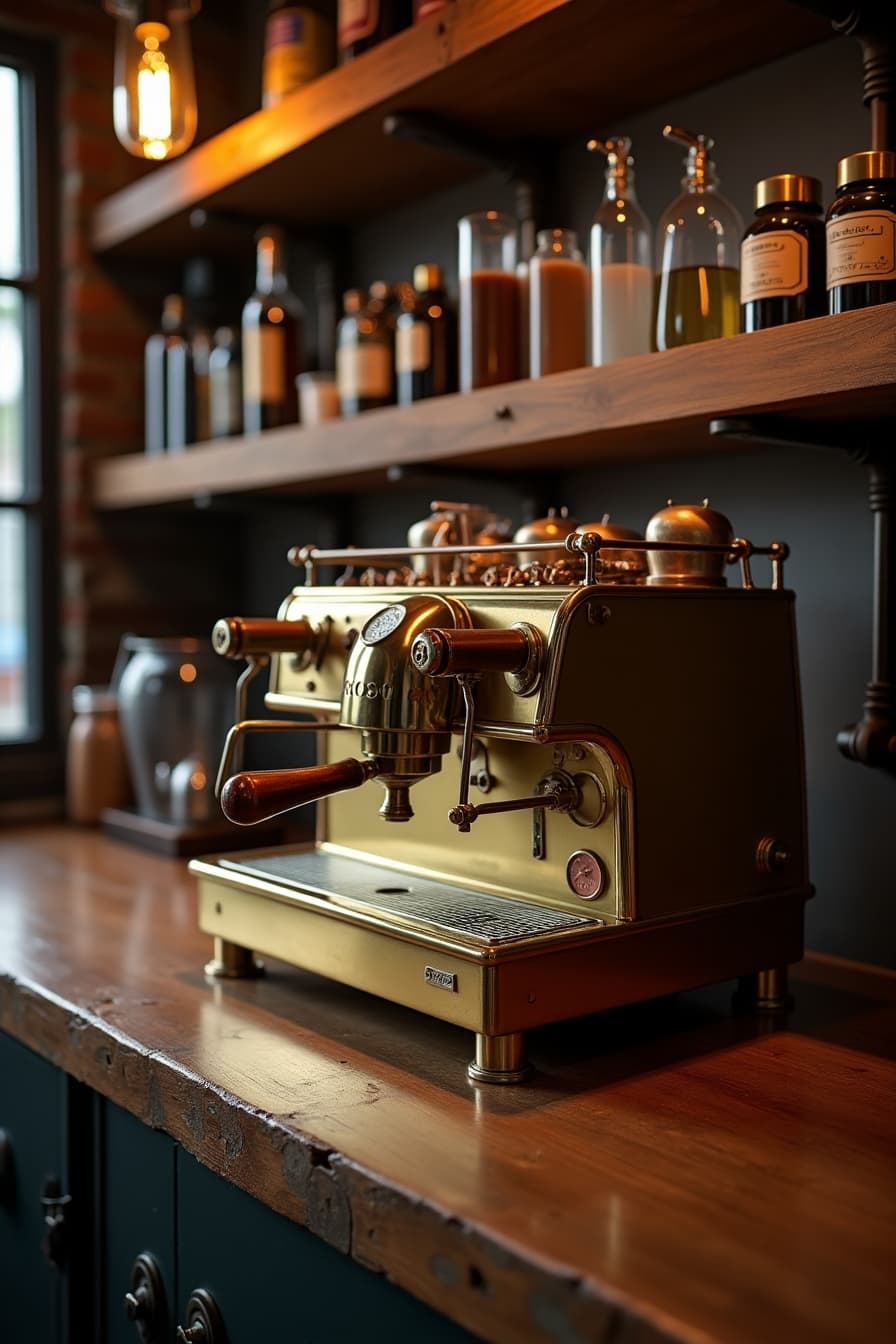 Industrial style espresso machine with exposed brass components and metal finishes
