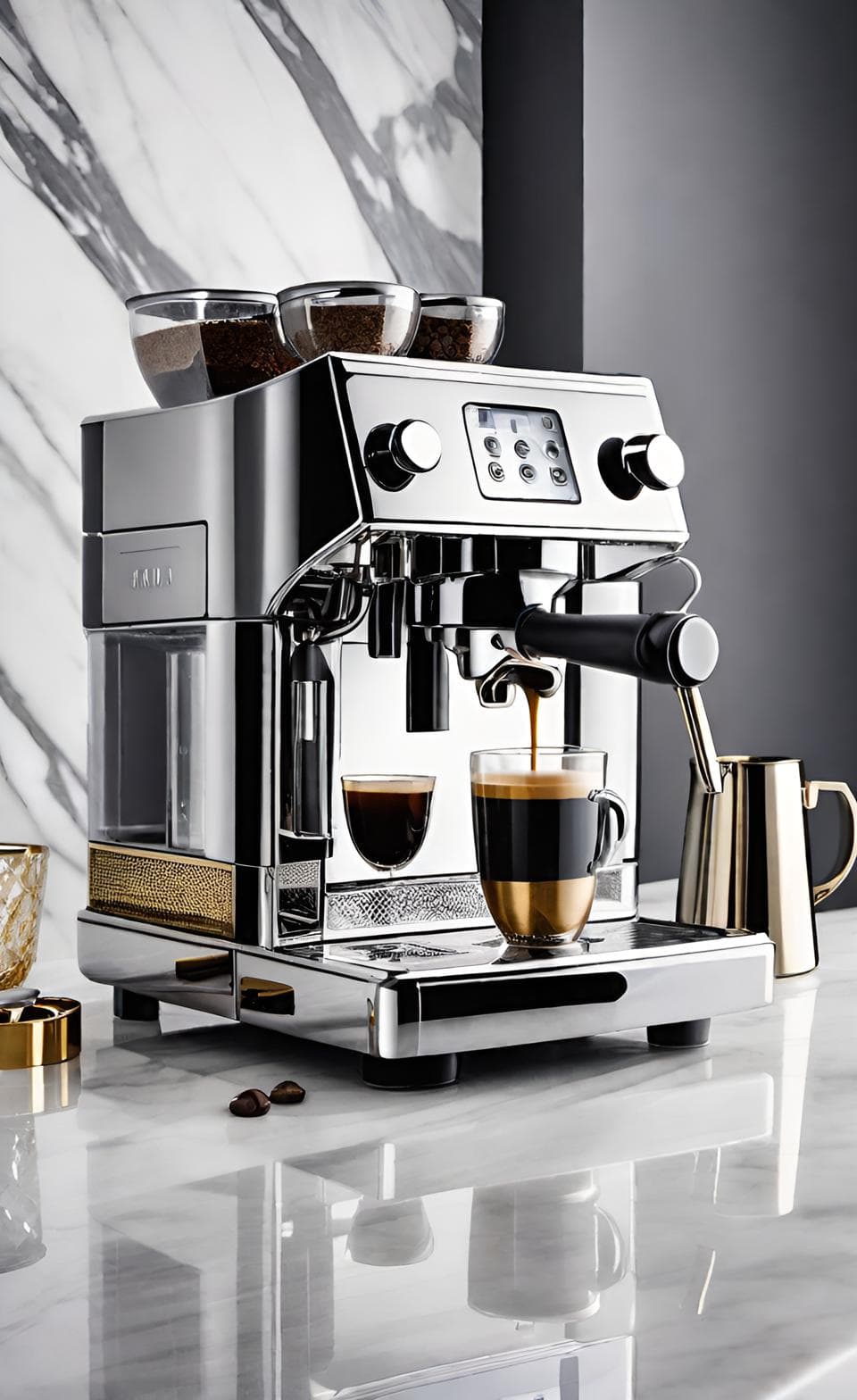 High-end espresso machine on Italian marble countertop with gold accents