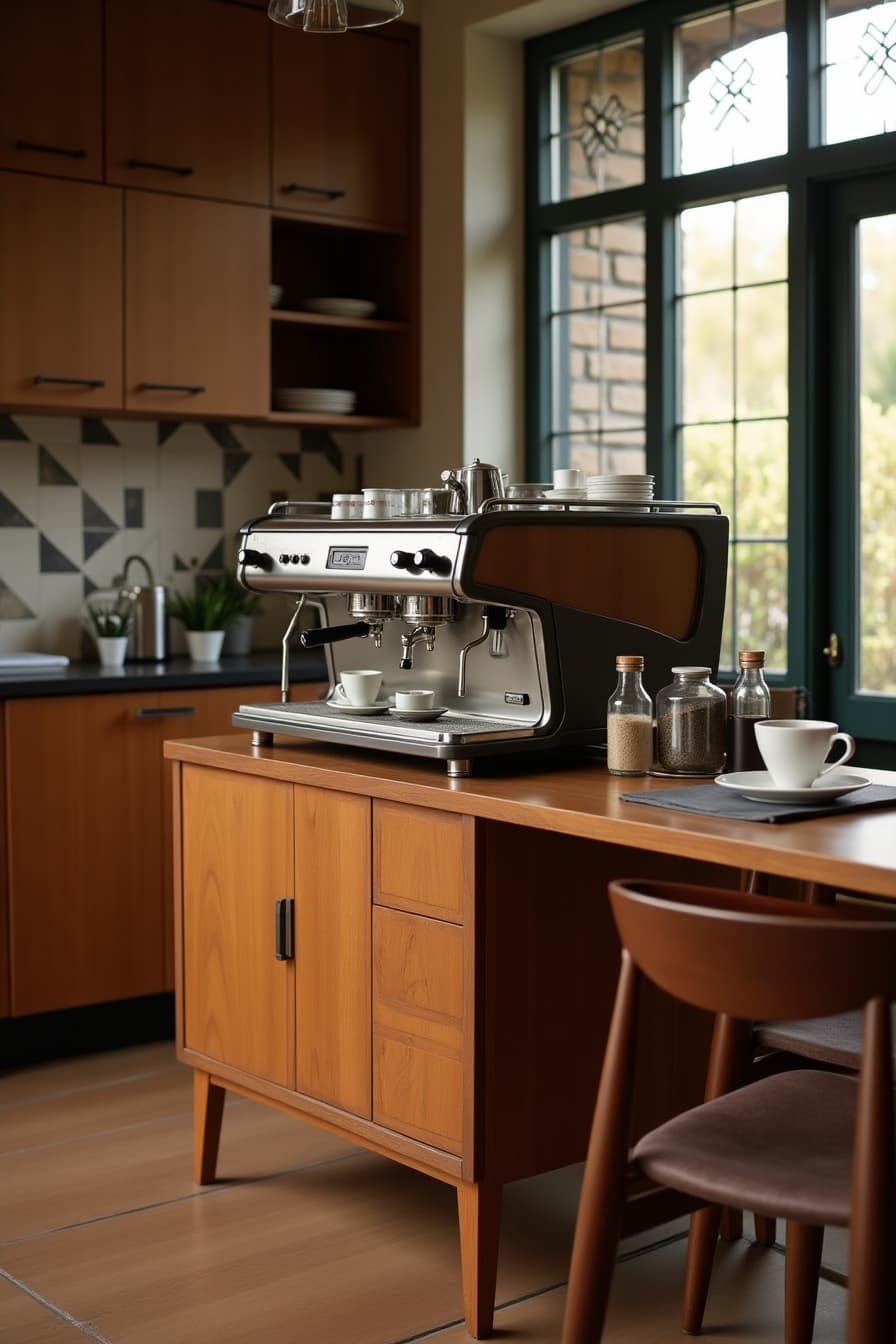 Mid-century modern espresso setup with warm wood tones and retro design elements