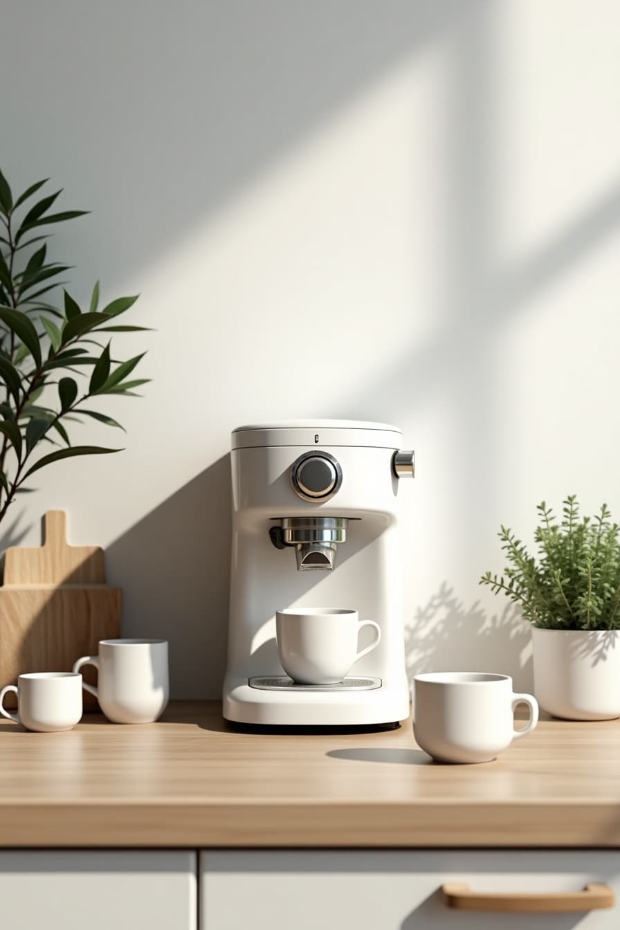 Minimalist Scandinavian espresso machine setup with clean lines and natural wood elements