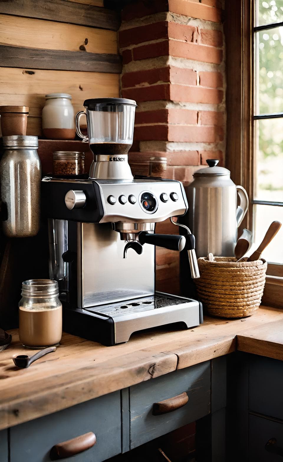 Espresso machine in a cozy farmhouse setting with distressed wood and vintage elements