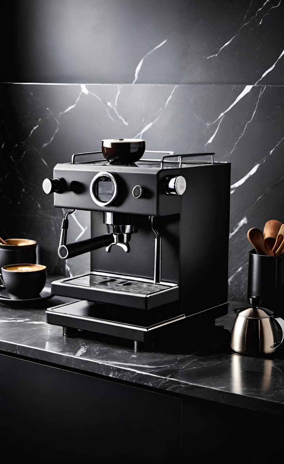 Matte black espresso machine in a monochromatic modern setting