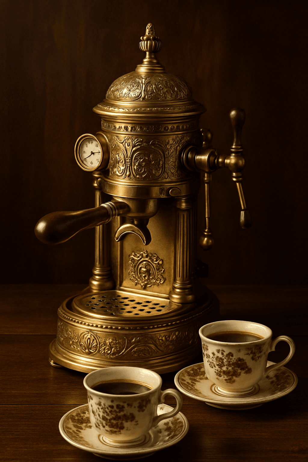Ornate brass espresso machine with vintage styling and traditional craftsmanship