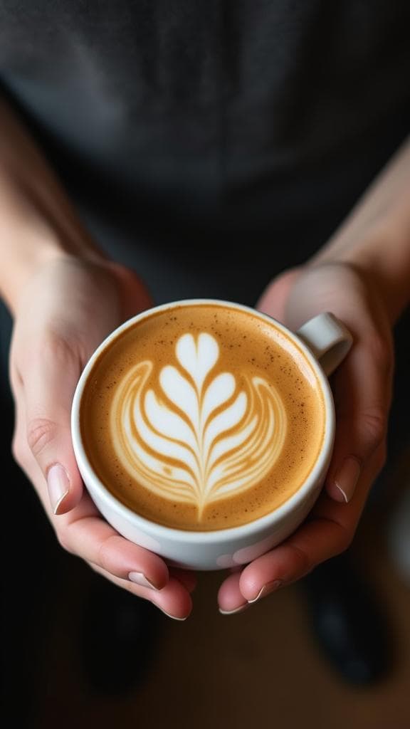 Hands holding coffee cup with intricate latte art from above