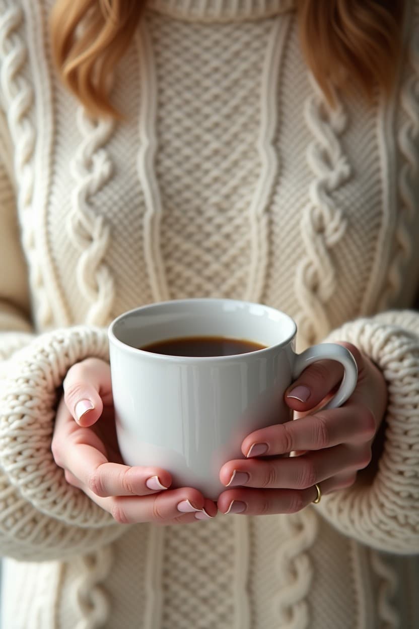 Hands in cable knit sweater holding a white ceramic coffee mug