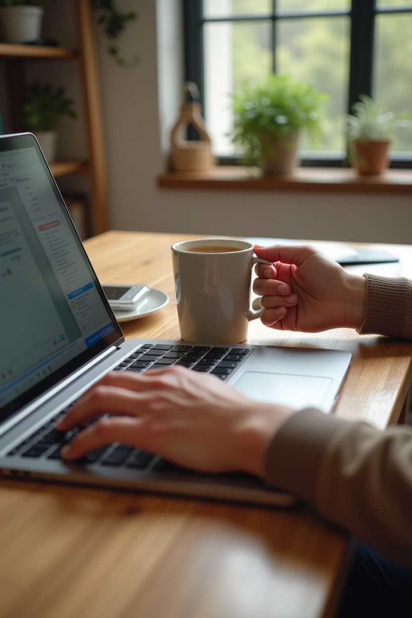 Coffee cup beside laptop with hands typing