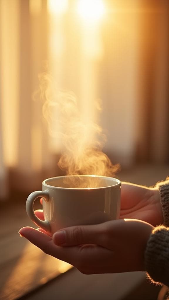 Coffee cup held in hands with golden morning sunlight streaming through