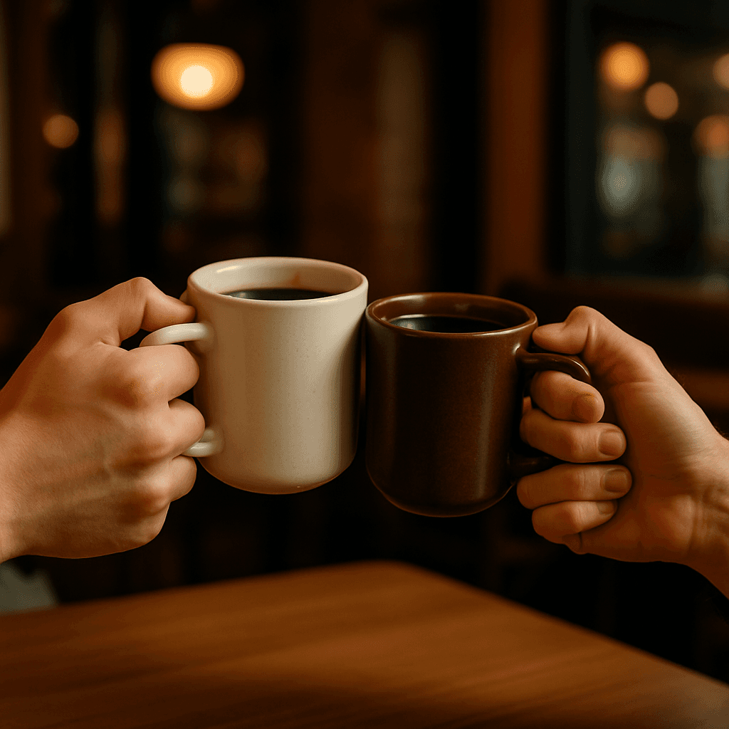 Two people holding coffee cups together in a toast