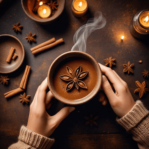 Hands holding mug of spiced coffee with cinnamon sticks and star anise